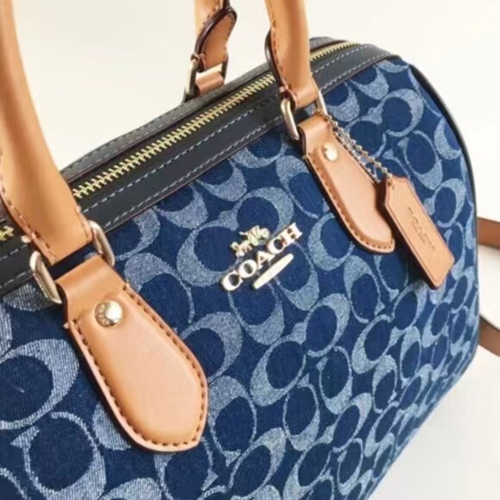 Coach Blue Signature Dome Satchel with Tan Leather Trim - Picture 4 of 11